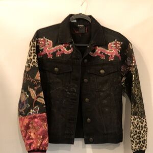 Desigual Black Multicolor Embroidered Dragon Jacket XS NWOT